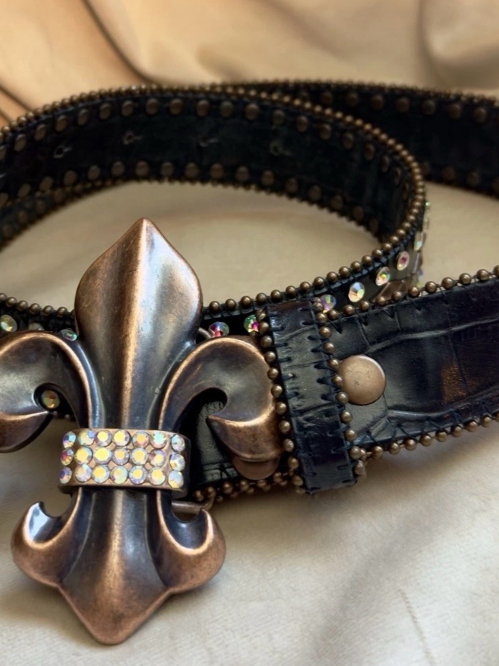 Genuine Leather Western Bling Belt Rhinestone Fleur De Lis Buckle
